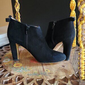 Kate Spade Suede Bootie in Black w/Side Zip and Gold Heel Accent